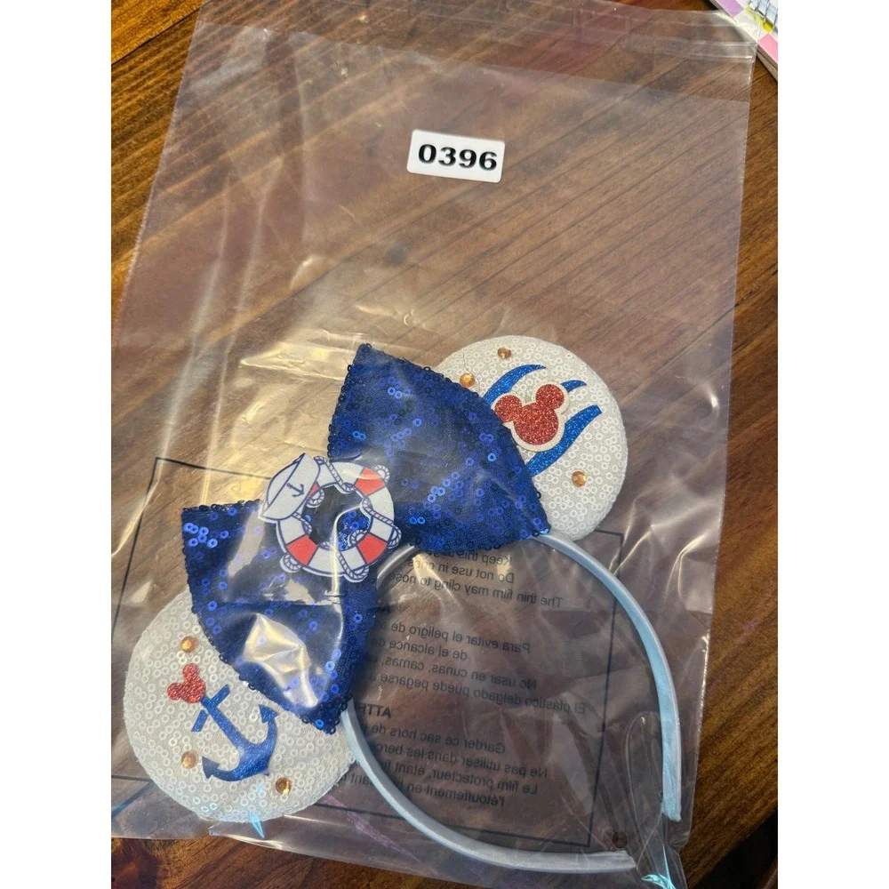 Disney Cruise Inspired Minnie Mouse Ears Headband Navy Blue Nautical Excellent
